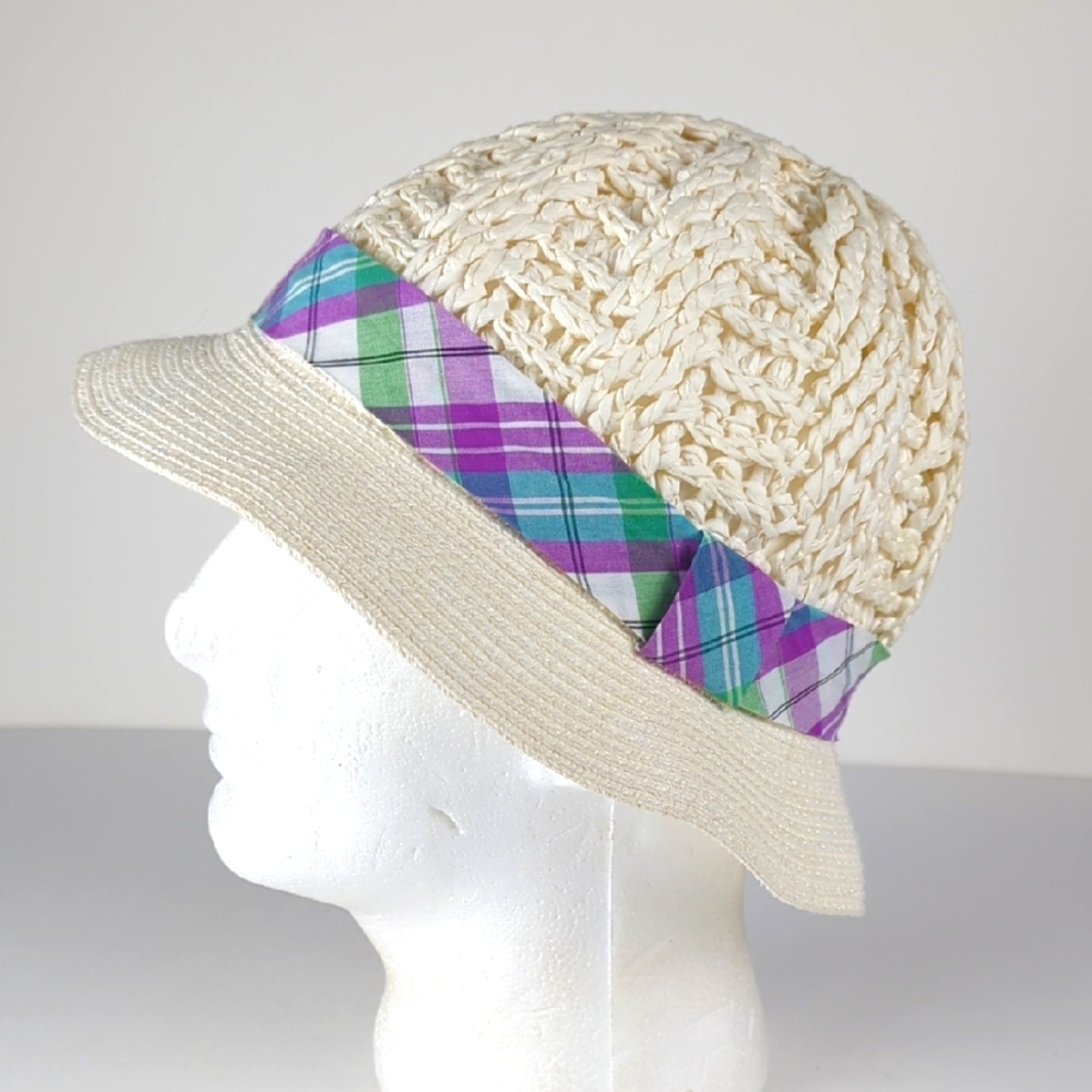 MAGID HATS Women's White Basket Weave Pastel Plaid Fedora Bucket Hat